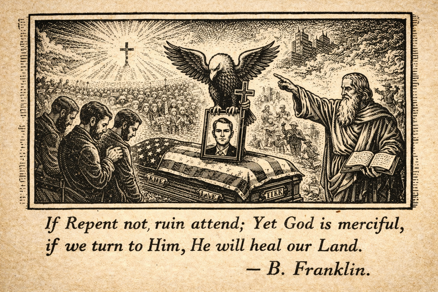 Illustration: Tears for the Nation - funeral scene with eagle holding cross, prophet warning of ruin, and call to repentance